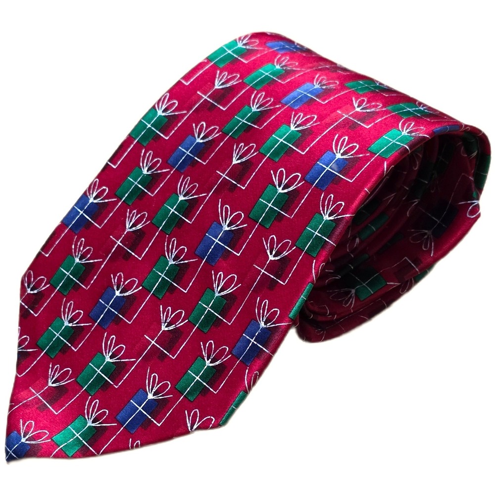 Vintage Holidays Gift Box Print Necktie Men's Red 100% Silk‎ Christmas Party